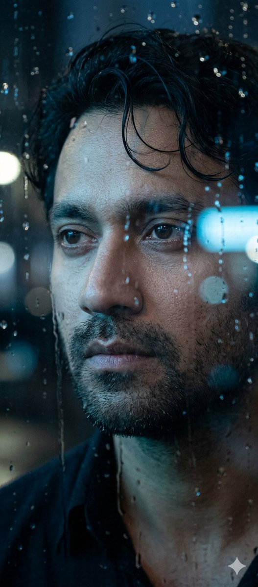 Rain-streaked window portrait with identity preservation