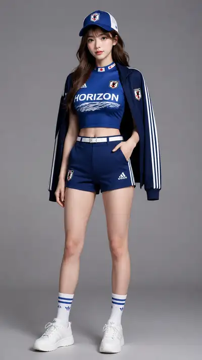 Full body portrait of a woman in Japan's World Cup jersey