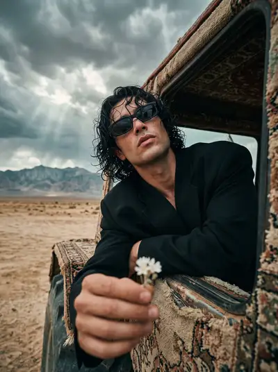 Cinematic desert portrait of a man in a carpeted tractor holding a wildflower