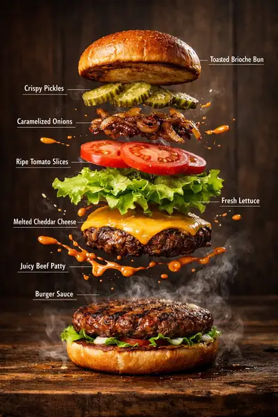 Generador de Infografías Hiperrealistas de Hamburguesas Gourmet