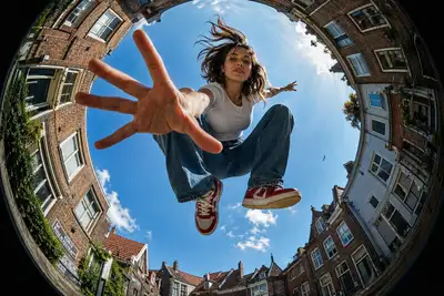 Salto olho de peixe ultra grande angular entre prédios de tijolo