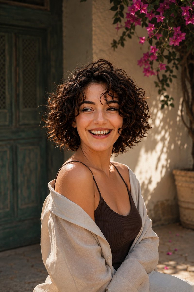 Mediterranean courtyard summer portrait, JSON prompt