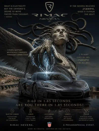 Póster del Rimac Nevera al estilo de Xavier Renegade Angel