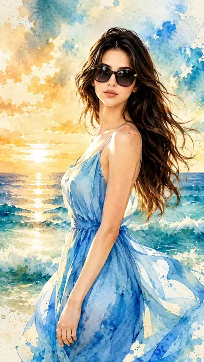Sunset Elegance Watercolor Portrait