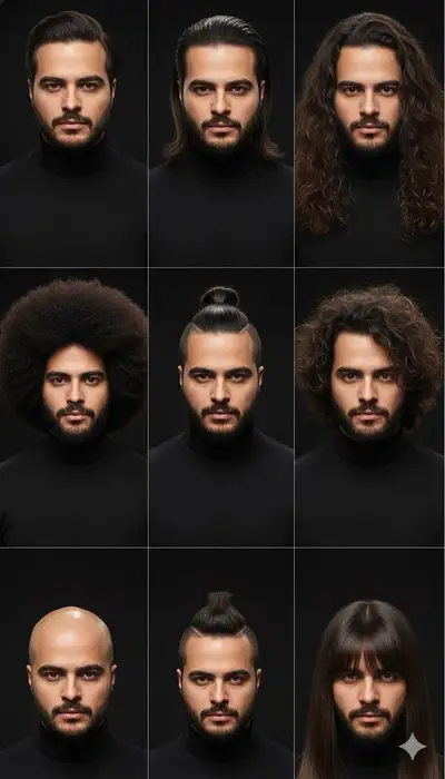 一人の男性の9つの異なるヘアスタイルの3x3グリッド