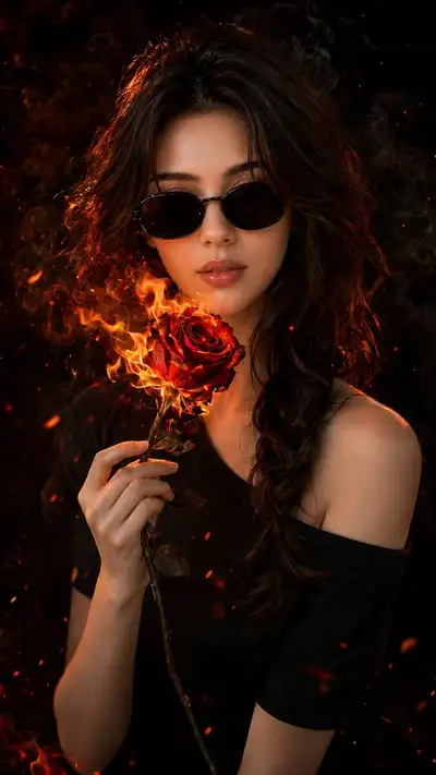 Cinematic Fiery Rose Portrait Prompt