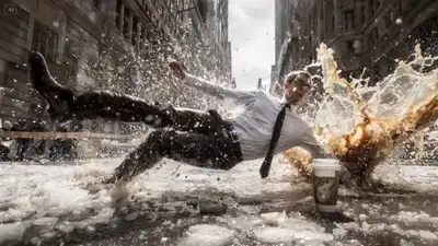 Resbalón en cámara bullet time en un Wall Street helado con salpicadura de café congelada