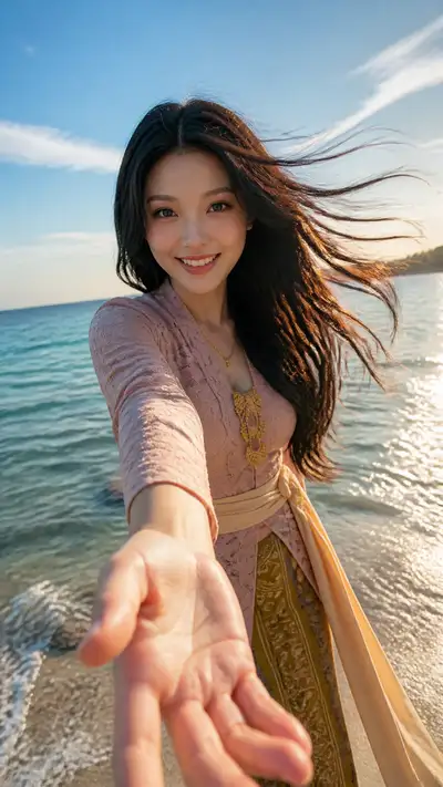 POV summer portrait of woman in kebaya and sarong by the sea