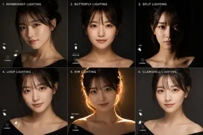 2x3 studio lighting technique collage, same model