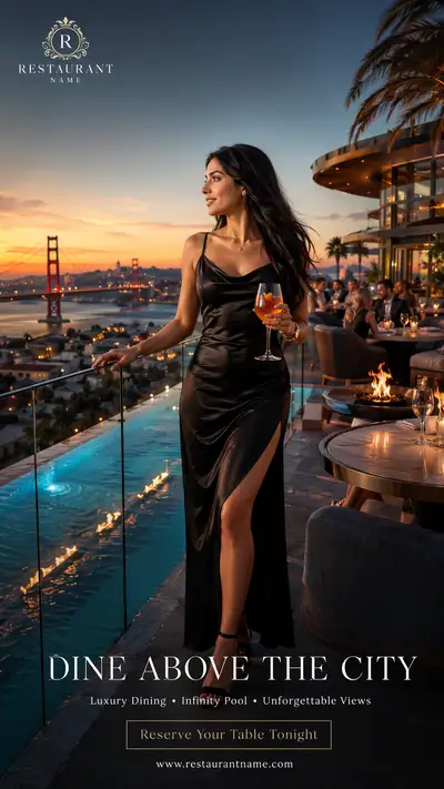 Rooftop infinity-pool restaurant lifestyle ad