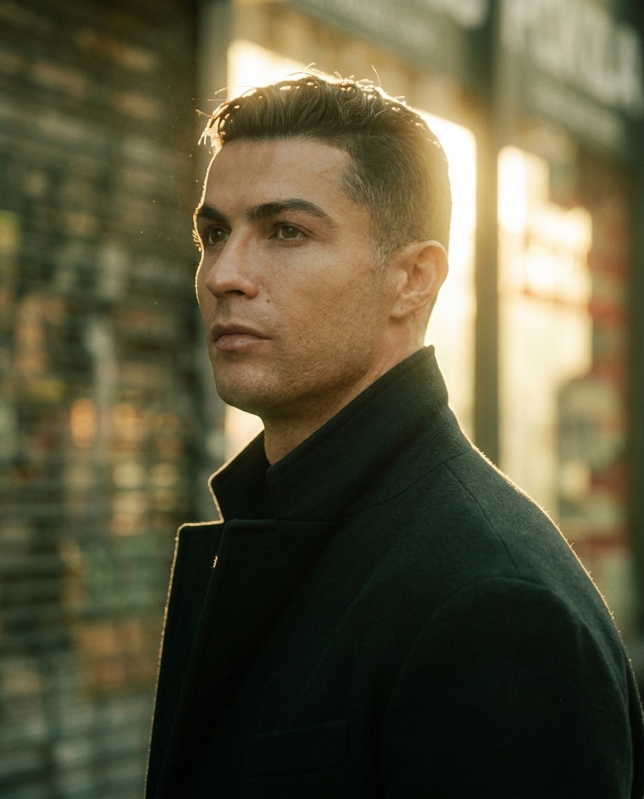 Cinematic editorial street portrait of a football superstar (GPT Image 2)
