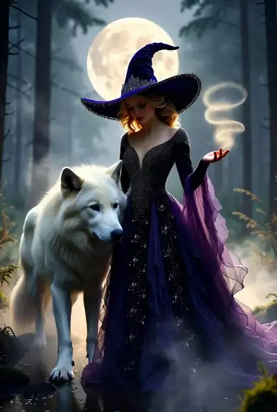Halloween-Hexe im nebligen Wald, filmischer Videoprompt