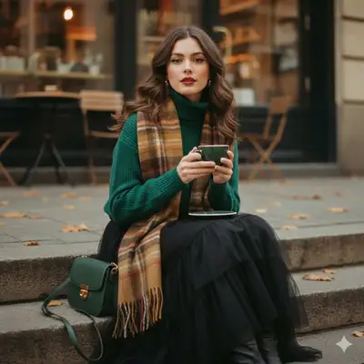 1970s-inspired fashion portrait outside a street cafe