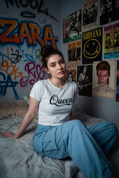 Cinematic Portrait on Messy Bed with Graffiti Wall