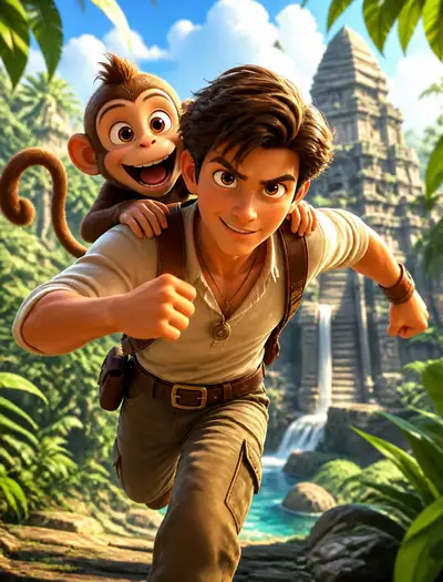 3D Pixar-style explorer with jungle monkey render