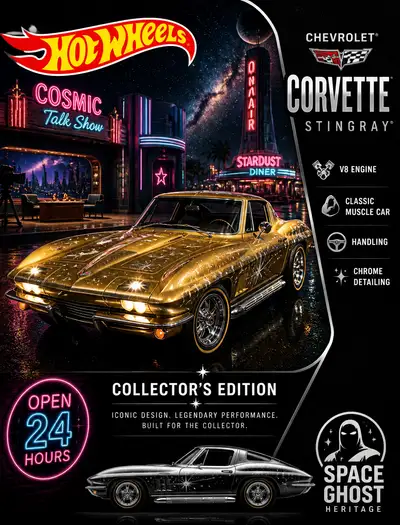 Hot-Wheels-Kosmisches-Talkshow-Poster mit einem Chevrolet Corvette