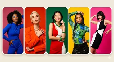 Five panel colorful fashion portrait collage on monochrome backgrounds