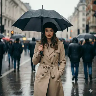 Rainy city street portrait with a blurred crowd and umbrella
