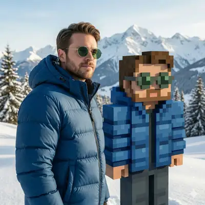 Foto neben einer lebensgroßen Minecraft-Voxel-Version von dir selbst