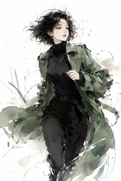 Moody Watercolor Anime Woman in Motion