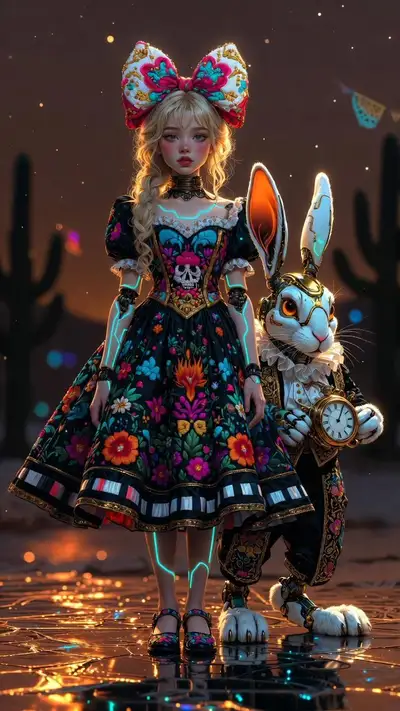 Mexican Cyber-Gothic Alice and Biomechanical White Rabbit