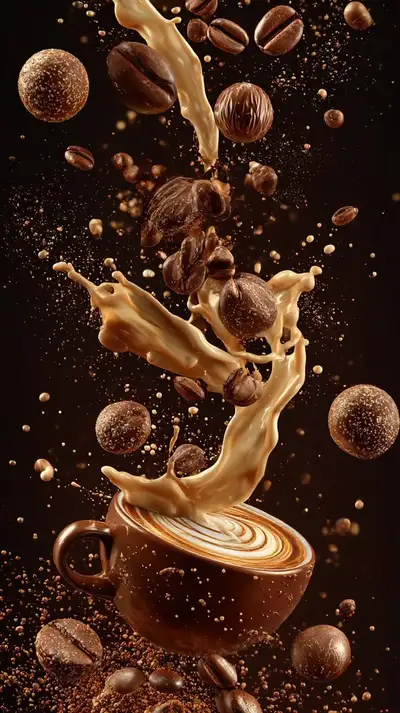 Cinematic coffee splash composition with beans and latte art