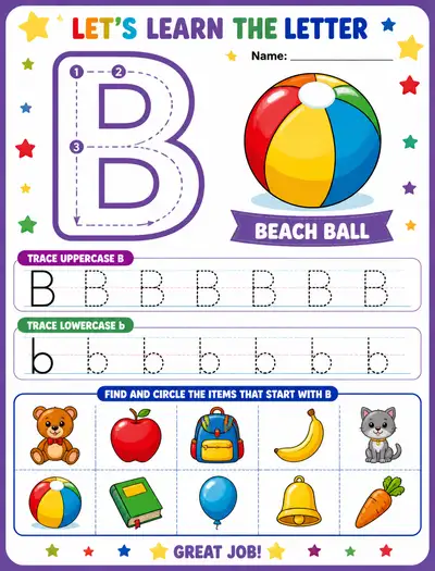 Nachzeichenarbeitsblatt für den Buchstaben B für Kinder