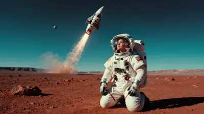 Astronaut Watching Rocket Launch on Mars