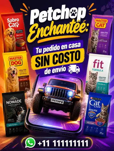 Pet food delivery advertisement with dog and cat food bags (Spanish)