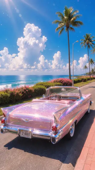Ultra photorealistic pastel pink vintage convertible on a tropical coast