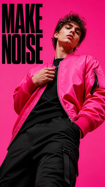 Gen-Z streetwear editorial with a hot-pink bomber jacket