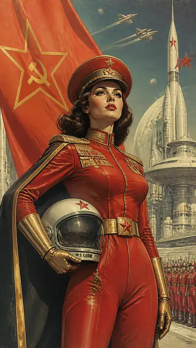 Retro futurism communist commander woman in space