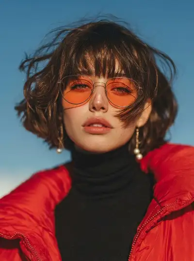 Golden-hour fashion portrait with orange sunglasses and a red puffer jacket