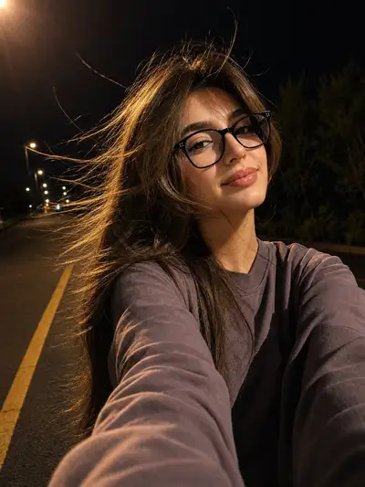 Night Streetlamp Portrait with Wind-Blown Hair