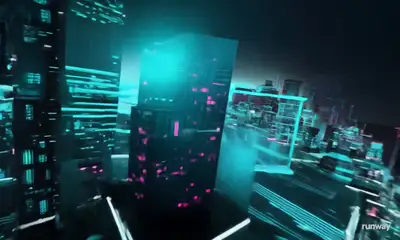 Neon Drone Shot Between Futuristic Buildings