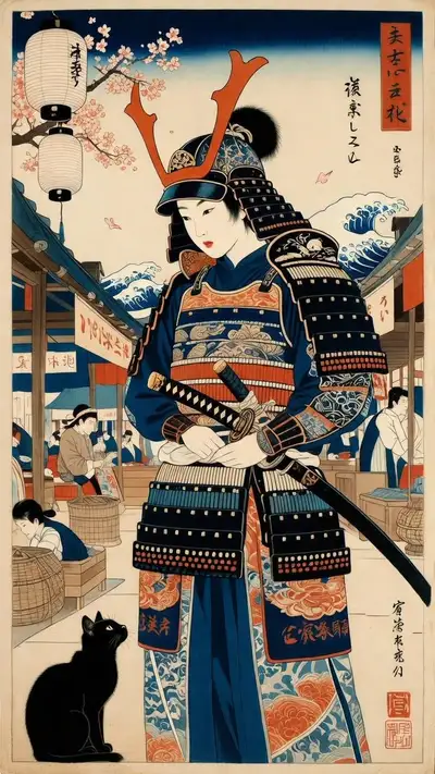 Ukiyo-e Samurai Woman in Marketplace