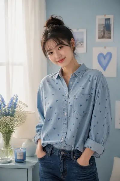 Cozy Denim Portrait of Young Woman