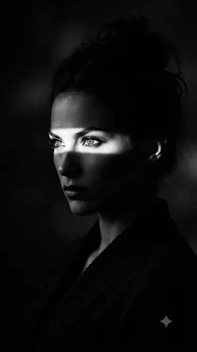 Chiaroscuro black and white fashion portrait with light slit
