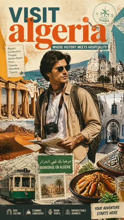 Visit Algeria travel collage poster with tourist character