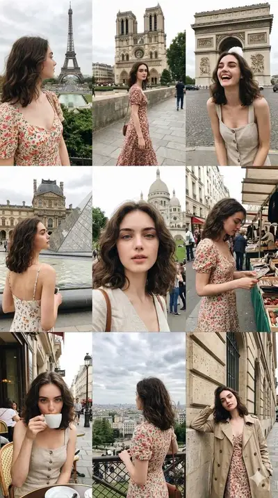 Neunteilige Paris-Reise-Collage mit konsistenter Gesichtsreferenz