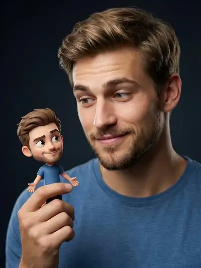 Photorealistic Man Holding Cartoon Miniature