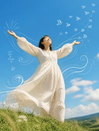 Pop art doodle illustration of a woman with arms spread on a hill