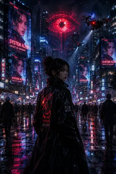 Cyberpunk Megacity Surveillance Scene