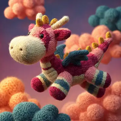 Playful Knitted Dragon Flying Through Sky