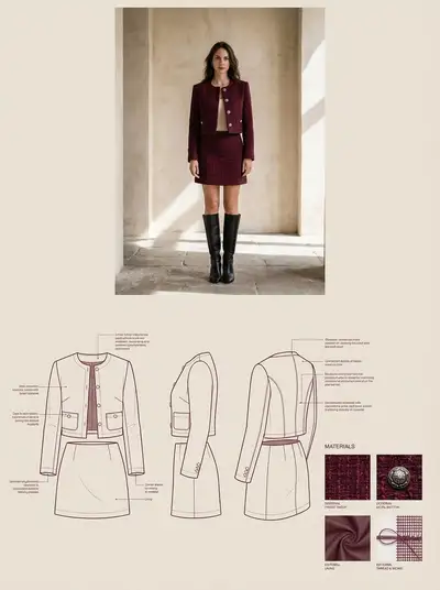 Burgundy Tweed Fashion Editorial with Technical Specs