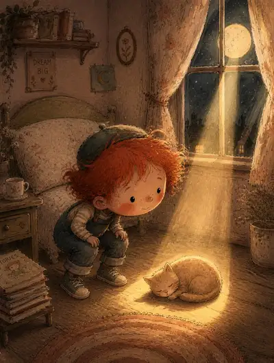 Whimsical children's book illustration of a boy watching a moonlit cat
