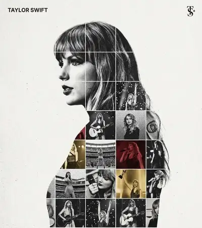 Gallery-style tribute poster with a photo mosaic silhouette