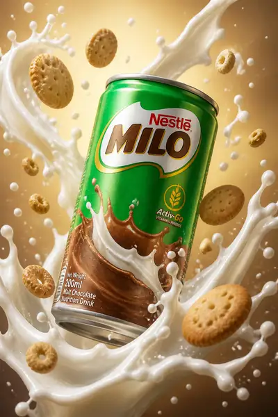 Milo drink can advertisement with flying milk splash