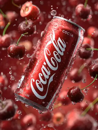 Ultrarealistischer Produktfotografie-Prompt für Cherry-Coke-Werbung
