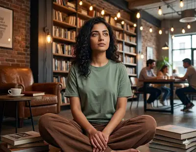 Woman in Library Cafe Contemplative Pose